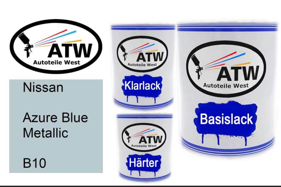Nissan, Azure Blue Metallic, B10: 1L Lackdose + 1L Klarlack + 500ml Härter - Set, von ATW Autoteile West.